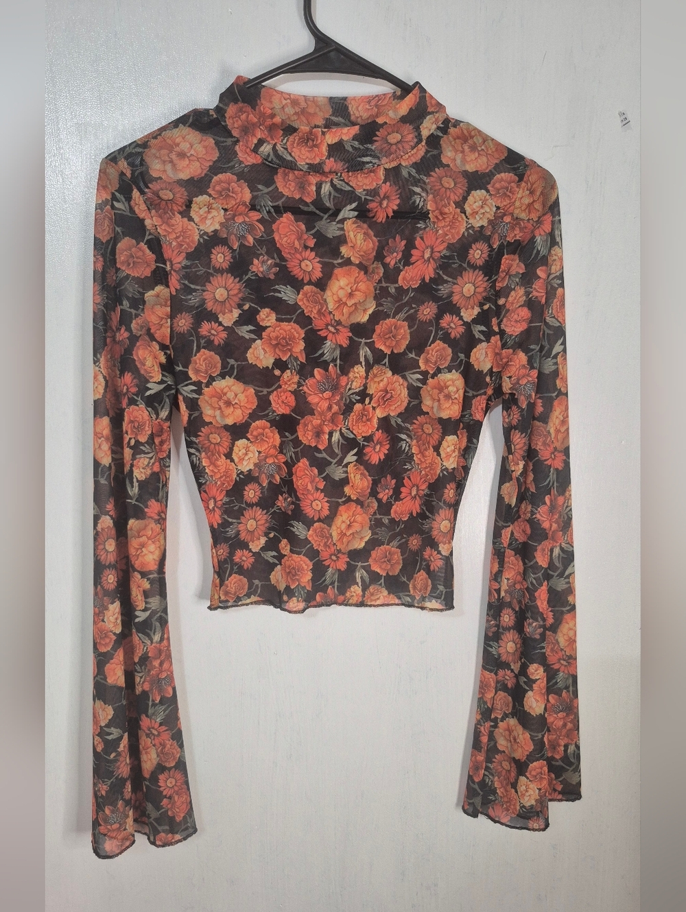 Floral Long-Sleeve Mesh Top - Black with Orange Floral Womens Size Medium
